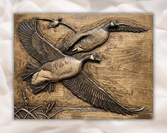 Flying Geese 3D Relief STL File | Canada Goose Wood Grain CNC Carving | Wildlife Lake Wall Art Panel | 3D Print and Laser Engraving