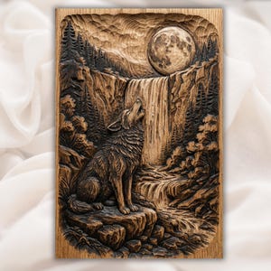 Howling Wolf Waterfall 3D Relief STL for CNC Router view 1