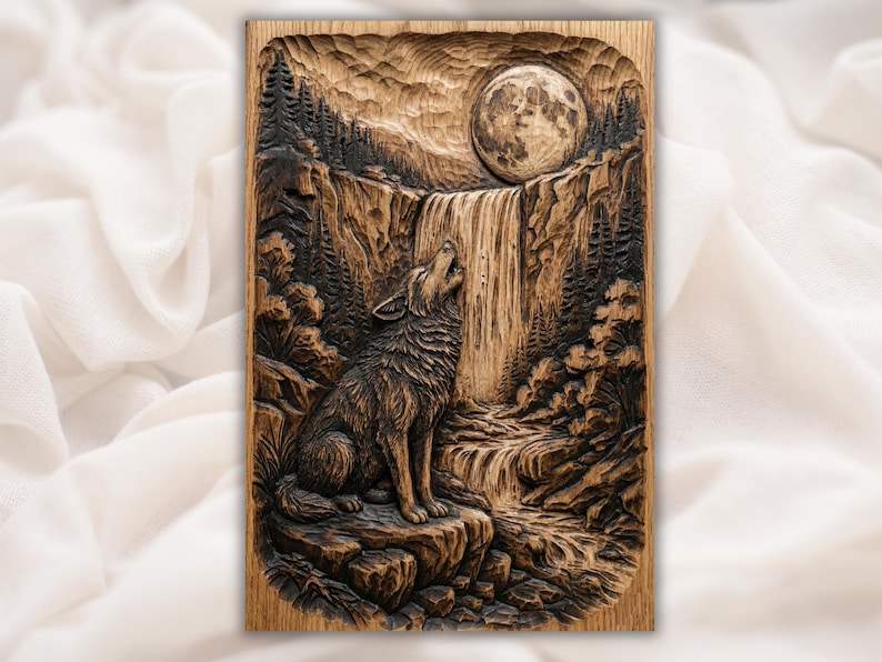 Howling Wolf Waterfall 3D Relief STL for CNC Router