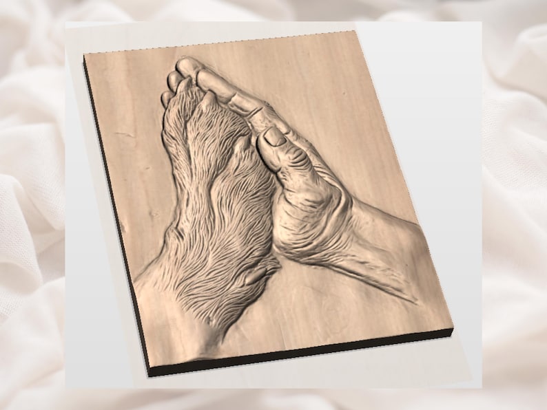 May include: A wooden plaque featuring a detailed relief carving of a human hand holding a dog's paw. The carving is in shades of brown and beige, with intricate textures. The artwork is a touching representation of the bond between humans and animals.