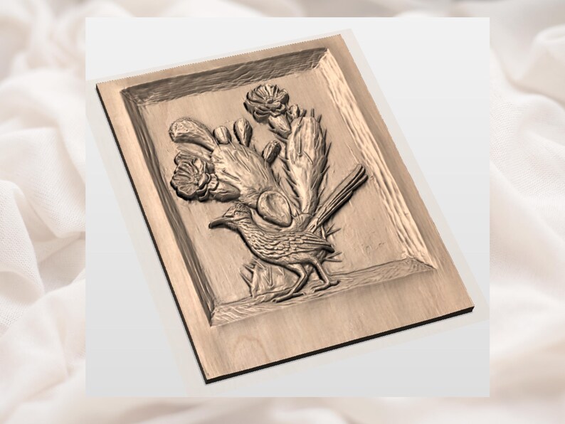 May include: A rectangular wooden plaque featuring a carved relief of a roadrunner bird, cactus, and flowers. The relief is in a natural wood tone, with detailed textures and shadows. The artwork is framed by a raised border.