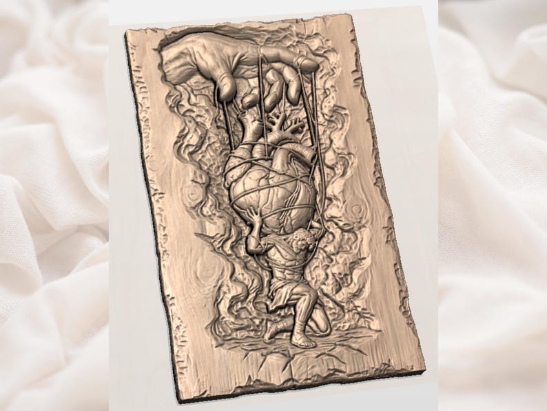 May include: A detailed relief carving depicts a hand controlling a heart with strings, held by a kneeling figure. The artwork is carved into a rectangular wooden plaque, showcasing intricate details and a textured surface.