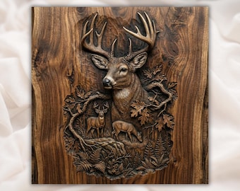 Whitetail Buck Forest Scene 3D Relief STL | Trophy Deer Head CNC Router Wood Carving Hunting Lodge Wall Art Panel | Father's Day Hunter Gift