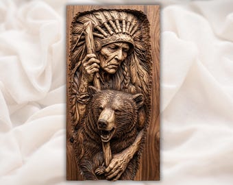 Tribal Warrior Bear 3D Relief STL | CNC Router Wood Carving File | Native Style Hunter Bas-Relief Wall Art | Home Decor