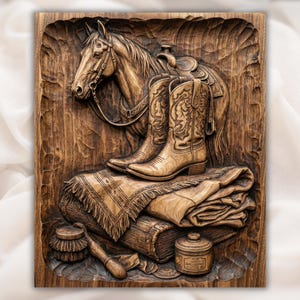 Western Horse & Cowboy Boots Relief STL view 1