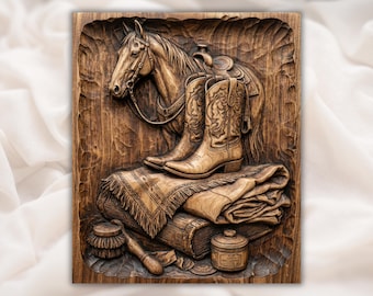 Western Horse & Cowboy Boots Relief STL | CNC Router 3D Model | Rustic Wood Grain Bas Relief Panel | Ranch Cabin Wall Art | 3D Print / Laser