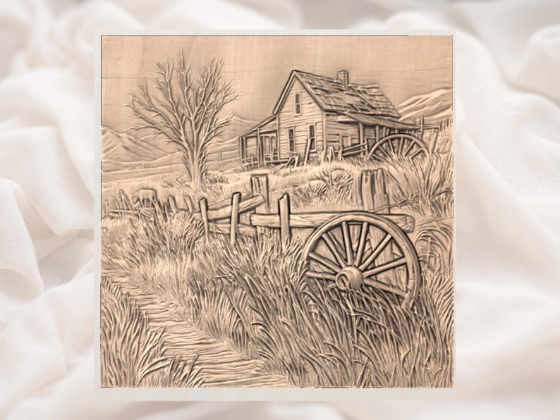 May include: Wooden relief carving depicting a rural landscape with a weathered house, wagon wheels, and a fence. The artwork features a detailed path, tall grass, and a bare tree, all rendered in shades of brown.