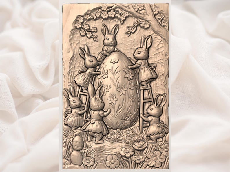 Easter Bunny STL | Rabbit Egg Relief | Spring Wall Decor | Floral Garden Artwork | Wood Carving Design | Cottagecore Plaque image 3