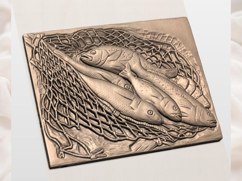 Fisch im Netz 3D Relief STL| Forelle Lachse fangen Holzschnitzerei | Cabochon Kunst |Fischernetz Fangen STL | Fischernte Wandrelief Bild 2