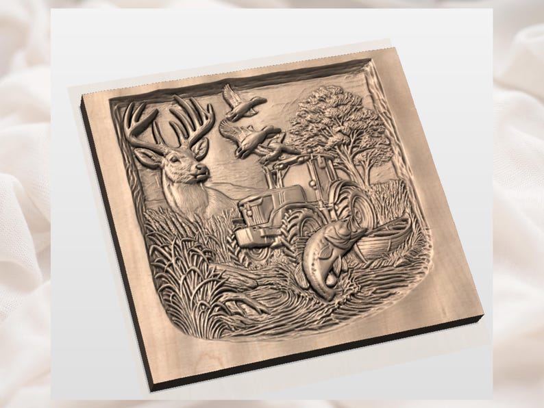 May include: A wooden relief carving depicting a rural scene. The artwork features a deer, flying birds, a tractor, a fish, and a tree. The relief is carved in a square shape and has a natural wood color.