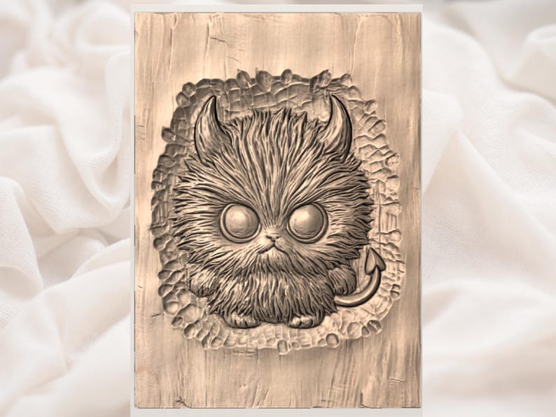 Fluffy Red Devil 3D Relief STL | Cute Demon Pet CNC Router Wood Carving Panel | Whimsical Fantasy Wall Art | Kids Room Decor image 3