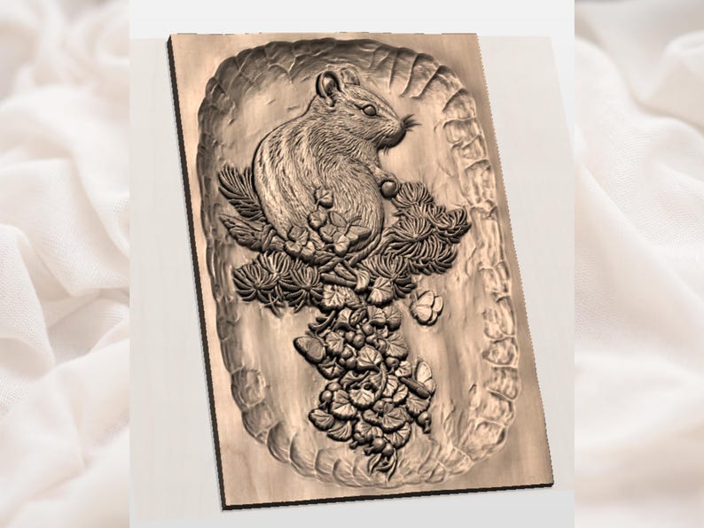 May include: A brown relief carving of a chipmunk on a branch with foliage and berries. The artwork is set within a rectangular frame with a textured border, showcasing a naturalistic theme.