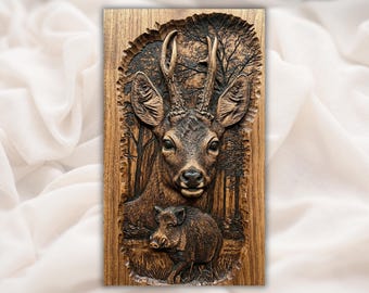 Deer & Wild Boar 3D Relief STL | Wildlife CNC Router Wood Carving File | Forest Animal Bas-Relief Wall Art | Home Decor