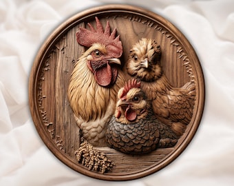 Round Chicken Coop STL | 3D Relief CNC Wood Carving File | Rooster Hen Farm Animal Wall Plaque | 3D Print Model | Home Decor