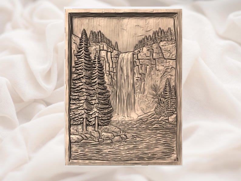 May include: A rectangular, brown-toned relief carving depicts a waterfall cascading into a river, flanked by detailed trees and rocky cliffs. The artwork is framed, showcasing a serene natural landscape.