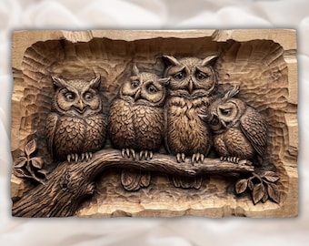 Escultura em relevo de coruja rústica em STL | Painel de arte de parede com família de corujas | Relevo de galho com corujas tristes e felizes | Projeto CNC para Aspire VCarve Pro, Carveco e ArtCAM