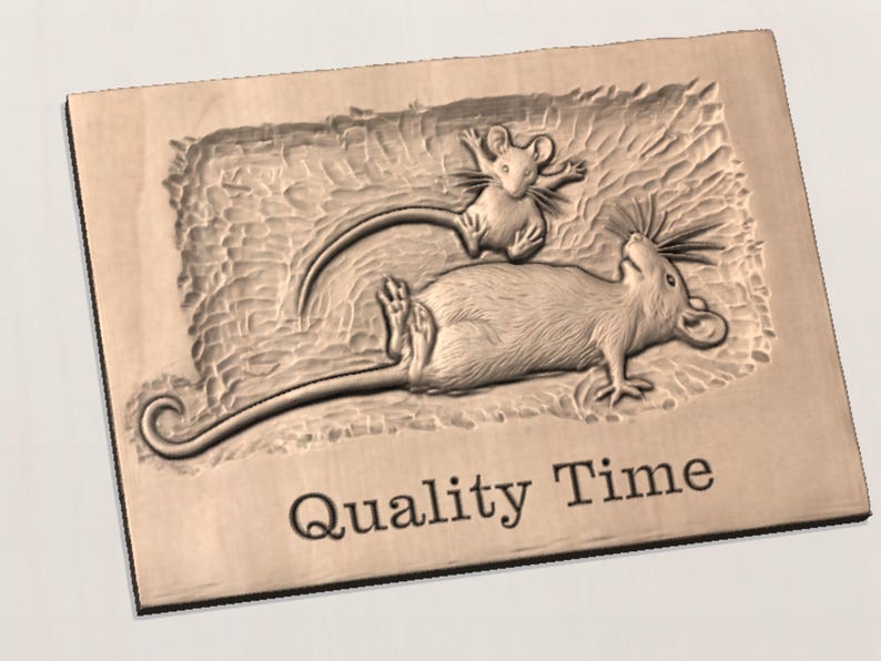 May include: A wooden plaque with a carved relief of two mice. One mouse is lying down, and the other is standing on top. The text "Quality Time" is carved below the mice. The plaque is rectangular with a dark border.