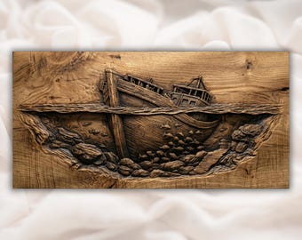 Relieve 3D de naufragio submarino STL / Aspire, VCarve Pro, Carveco, ArtCAM / Panel de arte mural de barco hundido y vida marina / Decoración náutica