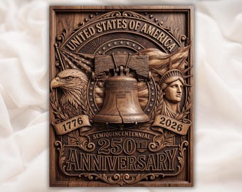アメリカ合衆国建国250周年記念レリーフSTL｜自由の鐘と鷲の旗の愛国的なパネル｜1776-2026 アメリカントリビュート装飾