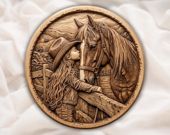 Relieve 3D de vaquera y caballo STL para enrutador CNC / Panel redondo de tallado de madera estilo western / Arte de pared rústico estilo rancho / Archivo de impresión 3D