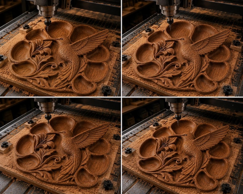 Serviertablett mit Kolibri-Motiv (STL-Datei für CNC-Fräse) | 3D-Reliefmodell aus Holz | Schnitzdesign für Serviertablett aus Holz | Küchendekoration Bild 12