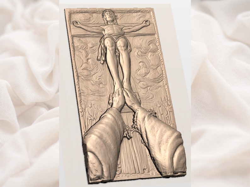 Jesús en la Cruz STL / Archivo CNC de relieve de la crucifixión / Arte cristiano del Calvario / Seguidor tocando los pies de Cristo / Placa devocional para seguidores imagen 2