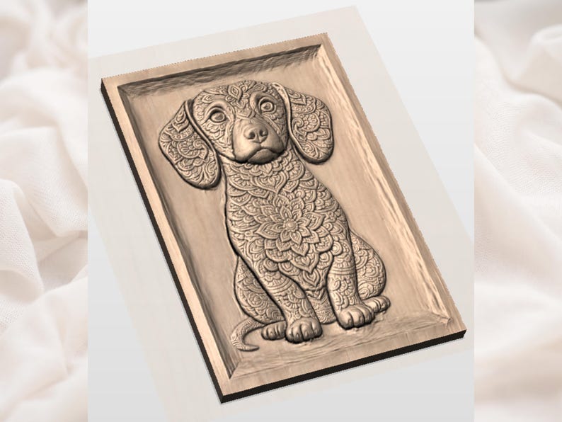 May include: A detailed wooden relief carving of a seated dog, featuring intricate floral and geometric patterns. The dog is framed within a rectangular border, showcasing a warm, natural wood tone. The artwork is a decorative piece.
