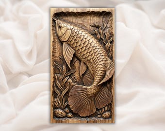 Relevo 3D de Carpa Koi em STL para Router CNC | Painel de Madeira Entalhada com Carpa Japonesa | Arte de Parede com Peixes de Lagoa | Impressão 3D