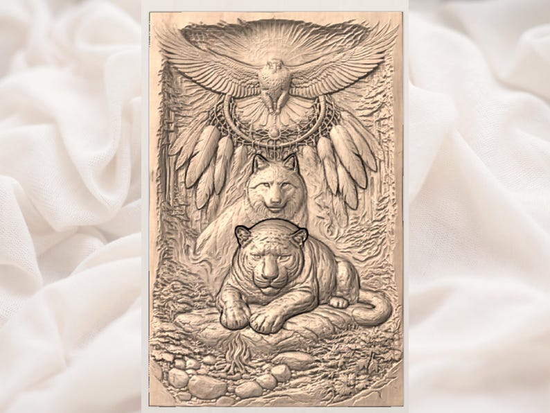 May include: A wooden relief carving featuring a majestic eagle with outstretched wings above a dreamcatcher, a wolf, and a resting jaguar. The artwork is detailed with feathers and natural elements, showcasing a nature-inspired theme.