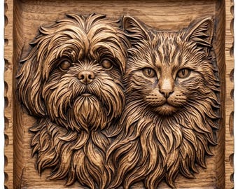 Shih Tzu and Maine Coon Pet CNC Relief STL | CNC Software Compatible | Pet Home Decor | Pet Lovers Wood Carving Panel | Animal Bas Relief