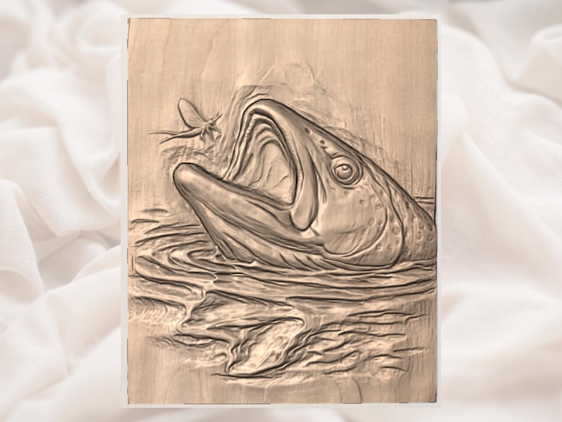 May include: A detailed wood carving depicts a fish leaping out of water to catch a fly. The fish is carved in a realistic style, with visible scales and open mouth. The carving is set against a light wood background.