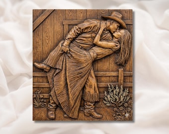 Cowboy kyssande cowgirl 3D-relief STL | Romantiskt västerländskt par väggkonstpanel | CNC-fräs Aspire, VCarve Pro, Carveco, Fusion 360, ArtCAM