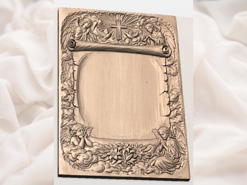 May include: A rectangular wooden plaque with a carved relief design. The design features angels, a cross, and a scroll. The angels are positioned at the top and bottom of the plaque, with the cross at the top center. The plaque has a light brown color.