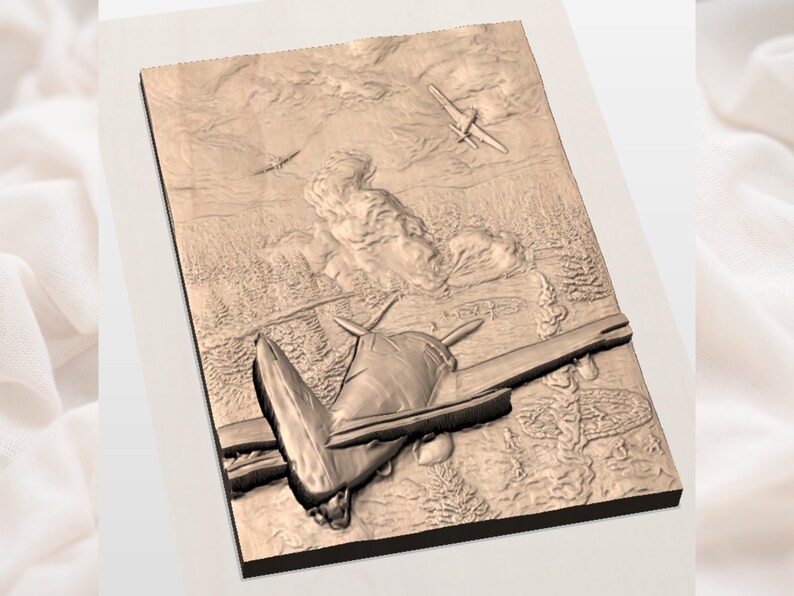 May include: A detailed, three-dimensional wooden relief carving depicting a vintage airplane in flight over a forested landscape. The artwork features multiple aircraft and detailed cloud formations, with a dark border.