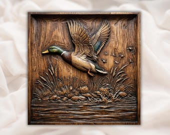 Flying Duck 3D Relief STL | CNC Router Wood Carving File | Mallard Bird Lake Wildlife Wall Art Panel | Rustic Hunting Cabin Decor