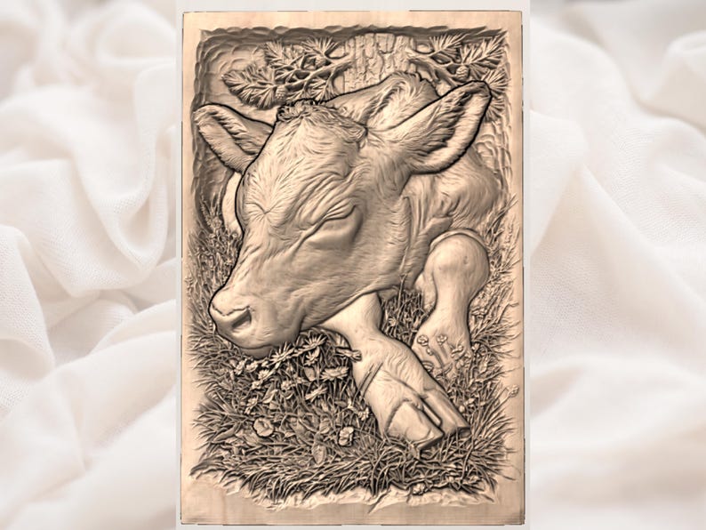 May include: A detailed wood carving of a resting calf, set within a naturalistic scene. The calf is depicted with closed eyes, surrounded by foliage and grass. The carving is in shades of brown and beige, with intricate details.