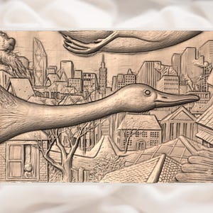 Giant Duck flyby city skyline  STL Relief view 3