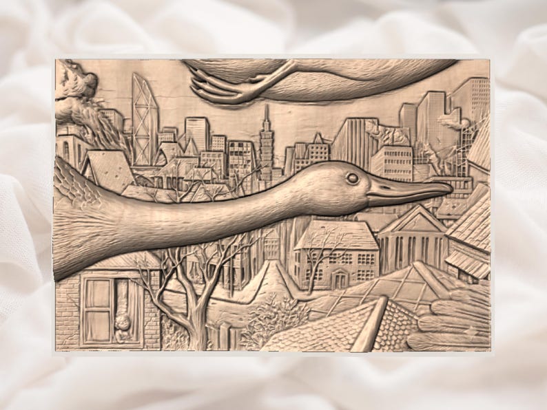 May include: A detailed wood carving depicts a duck in flight over a cityscape. The artwork features a long-necked duck with a detailed head and beak, soaring above buildings, trees, and clouds. The carving is in shades of brown.