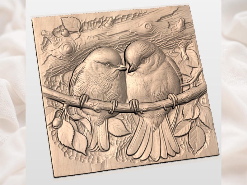 Songbird Pair STL| Cute Birds Carving | Cottagecore Wall Art Decor | Engraved Wood Look | Nature Lover Gift | Printable Relief Model image 3