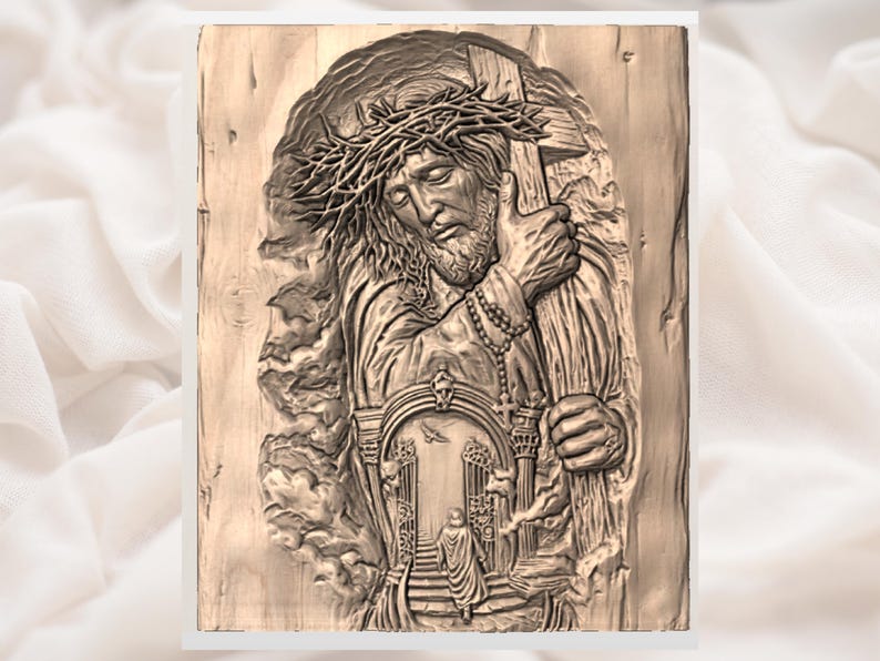 Jesús cargando la cruz, relieve 3D STL/archivo de tallado de madera para enrutador CNC/panel de arte religioso cristiano de pared con corona de espinas/decoración de iglesia imagen 3
