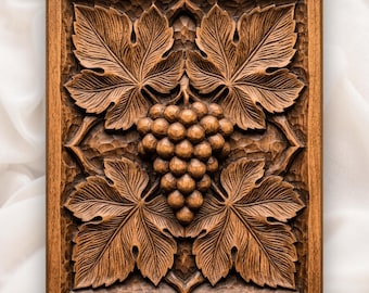Symmetrical Grape Cluster Vine Leaf CNC Relief STL | Vineyard Wall Art Panel | Wine Cellar Decor