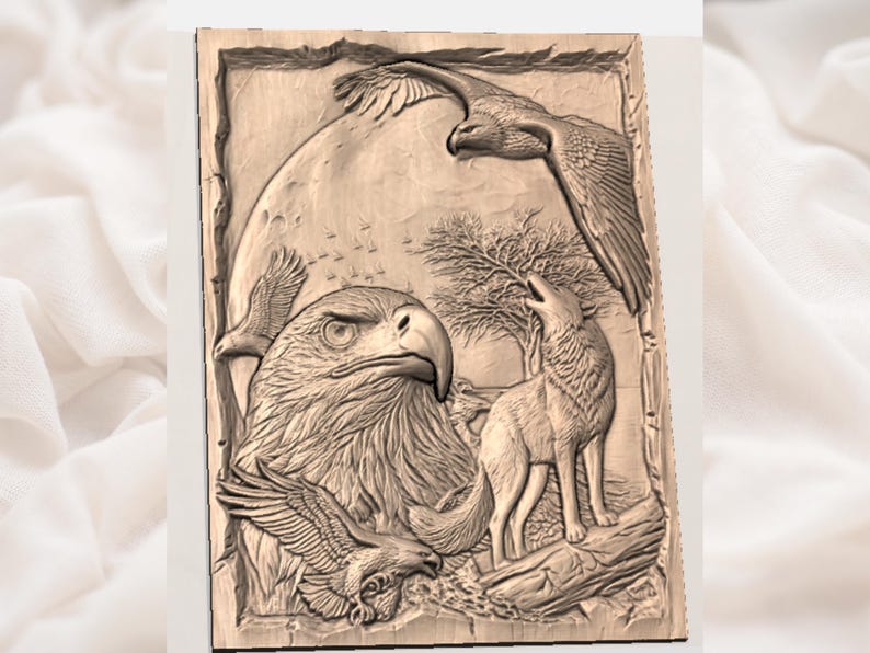 Archivo de panel de tallado de madera para enrutador CNC con diseño de águila y lobo en relieve 3D, vida silvestre, bajorrelieve con escena lunar de águila calva, decoración rústica de cabaña imagen 2