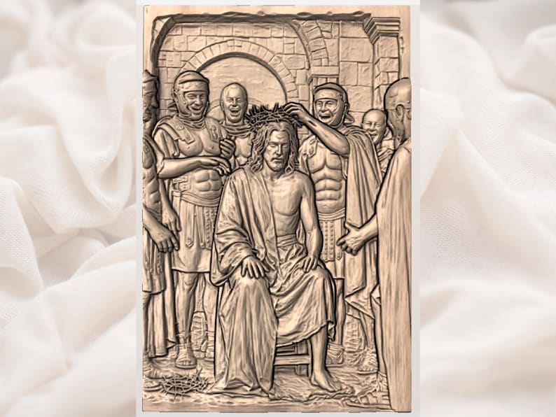May include: A detailed relief carving depicting a biblical scene. The central figure, seated, is being crowned with thorns by figures in Roman attire. The artwork is rendered in shades of brown, with architectural elements in the background.