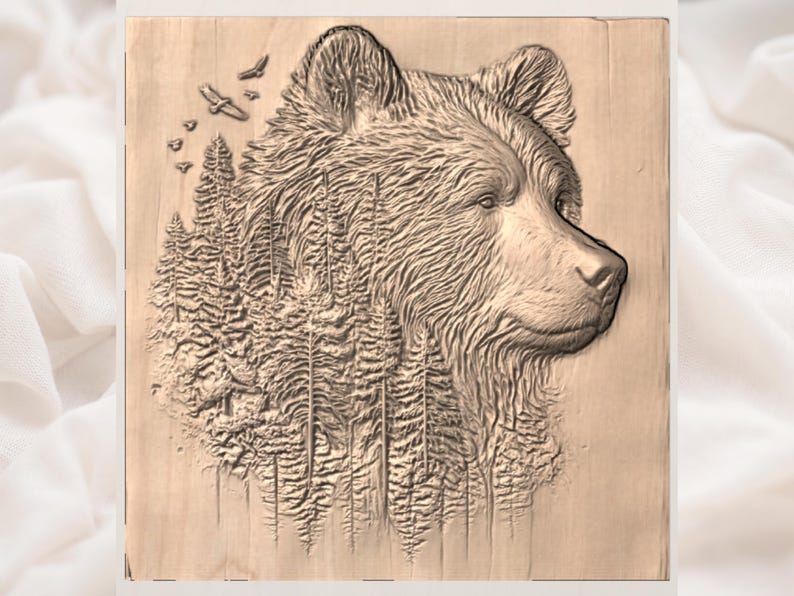 May include: A wooden carving of a bear's profile, with a forest scene integrated into its form. The bear's fur is detailed, and birds are depicted flying above the trees. The artwork is in shades of brown and beige, creating a rustic aesthetic.