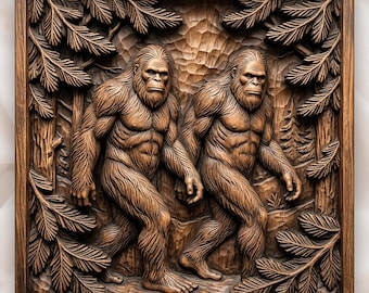 Sasquatch Bigfoot Forest Scene Wood Panel CNC Relief STL | Rustic Cabin Wall Decor | Legendary Cryptid Wood Art