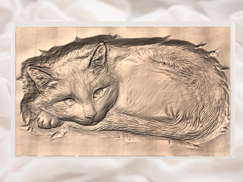 May include: A wooden relief carving of a cat in a relaxed pose. The cat is lying down, with its head resting on its paws. The carving is in shades of brown and tan, with detailed textures.