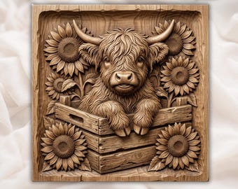 Highland Cow Sunflower Bas-Relief STL | Farmhouse Wall Art | CNC Router Wood Carving