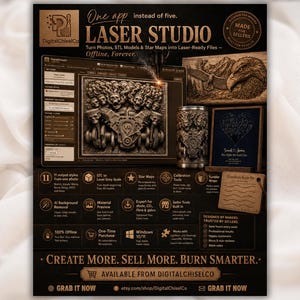 Peut inclure: Un graphique promotionnel pour le logiciel Laser Studio de DigitalChiselCo. L'image montre une interface informatique avec une gravure de moteur V8, un gobelet en métal et une plaque en bois. Le texte inclut One app instead of five et Create More.