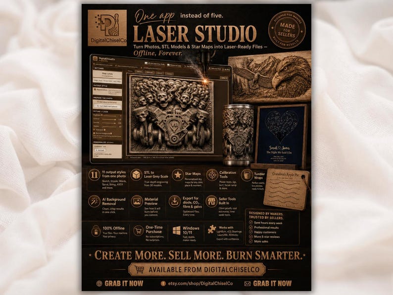 May include: A promotional graphic for Laser Studio software by DigitalChiselCo. The image displays a computer interface showing a V8 engine engraving, a metal tumbler, and a wooden plaque. Text includes One app instead of five and Create More.