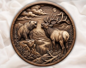Round Bear Elk STL | 3D Relief CNC Wood Carving File | Wildlife Mountain Scene Wall Plaque | 3D Print Model | Home Decor